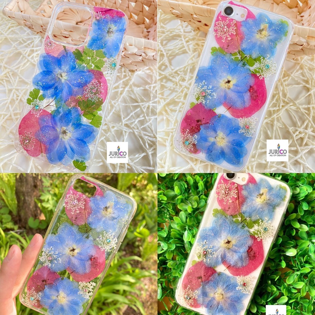 最初の ハンドメイド押し花スマホケース デルフィニウム スマホケース