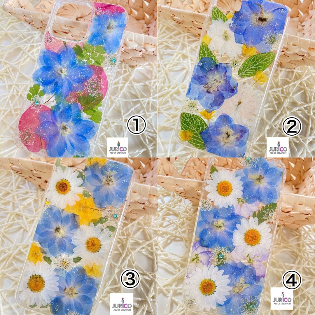 ハンドメイド押し花スマホケース　デルフィニウム