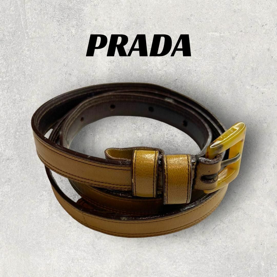 美品】PRADA 細ベルト キャメル×ブラウン レザー べっ甲 - ベルト