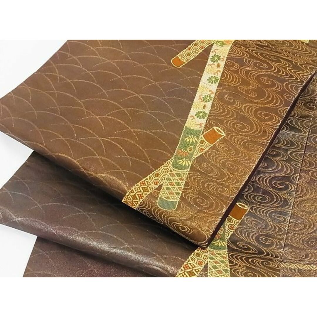平和屋-こころ店■六通柄袋帯 唐織 流水横笛花文 金糸 引箔 正絹 逸品 A-ru030