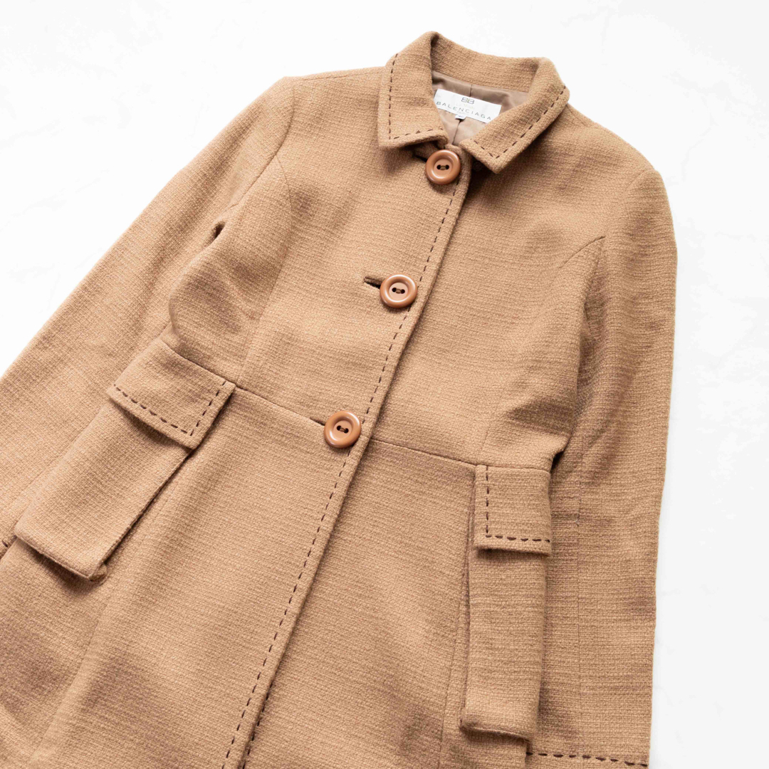 【BALENCIAGA】ロングコート ステッチ アルパカ混 ツイード Lサイズ