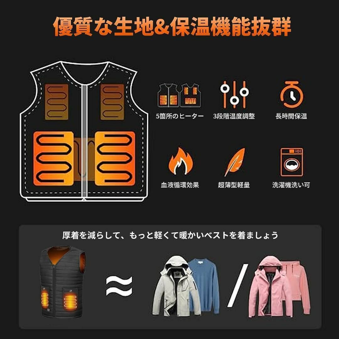 加熱ベスト 電熱ジャケット 5つの加熱ヒーター 3段階温度調整 サイズ調整可 スポーツ/アウトドアのアウトドア(その他)の商品写真