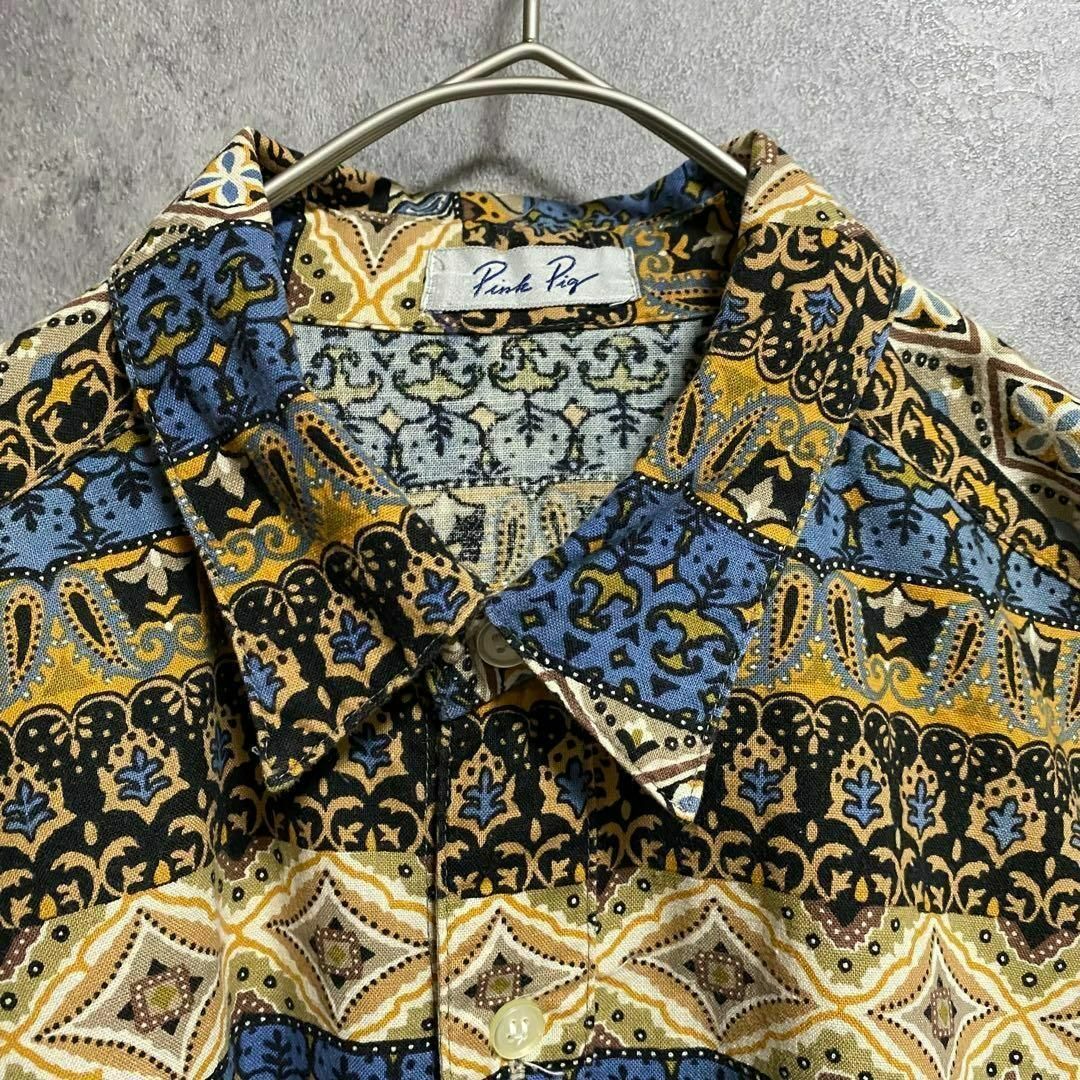 90S vintage 長袖　柄シャツ　リネン　メンズ50 　個性派　奇抜