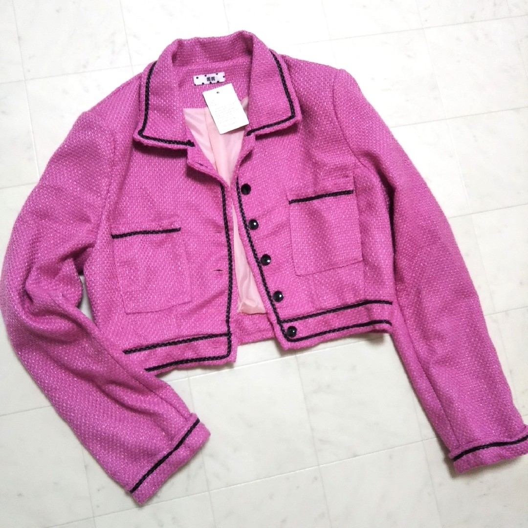 新品 ジャケット ツイード ピンク ショート アウター コート ブルゾンのサムネイル