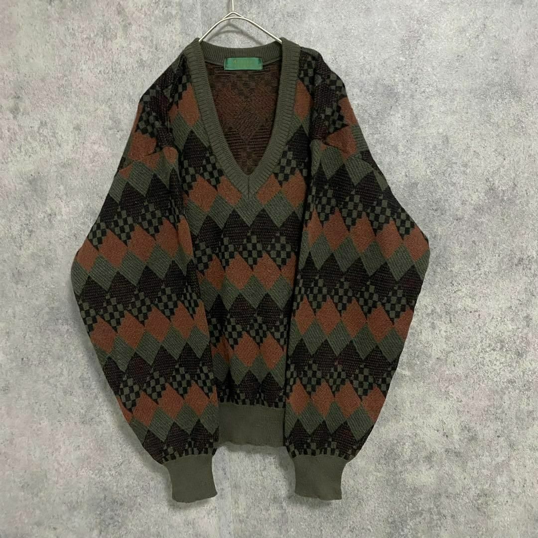 90S vintage 総柄ニット ウール メンズM 古着 個性派 奇抜 B5