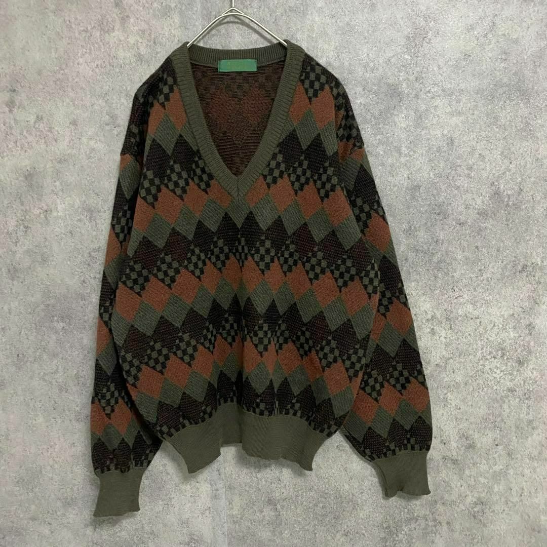 90S vintage 総柄ニット ウール メンズM 古着 個性派 奇抜 B5