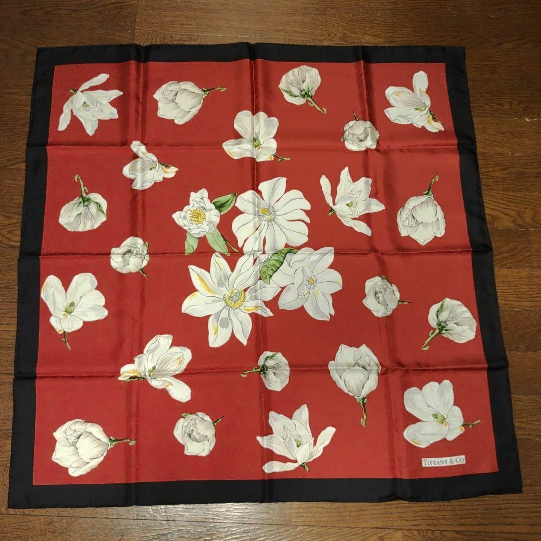 1755未使用　ティファニー　スカーフ　希少　最高級シルク100　花柄　椿　大判