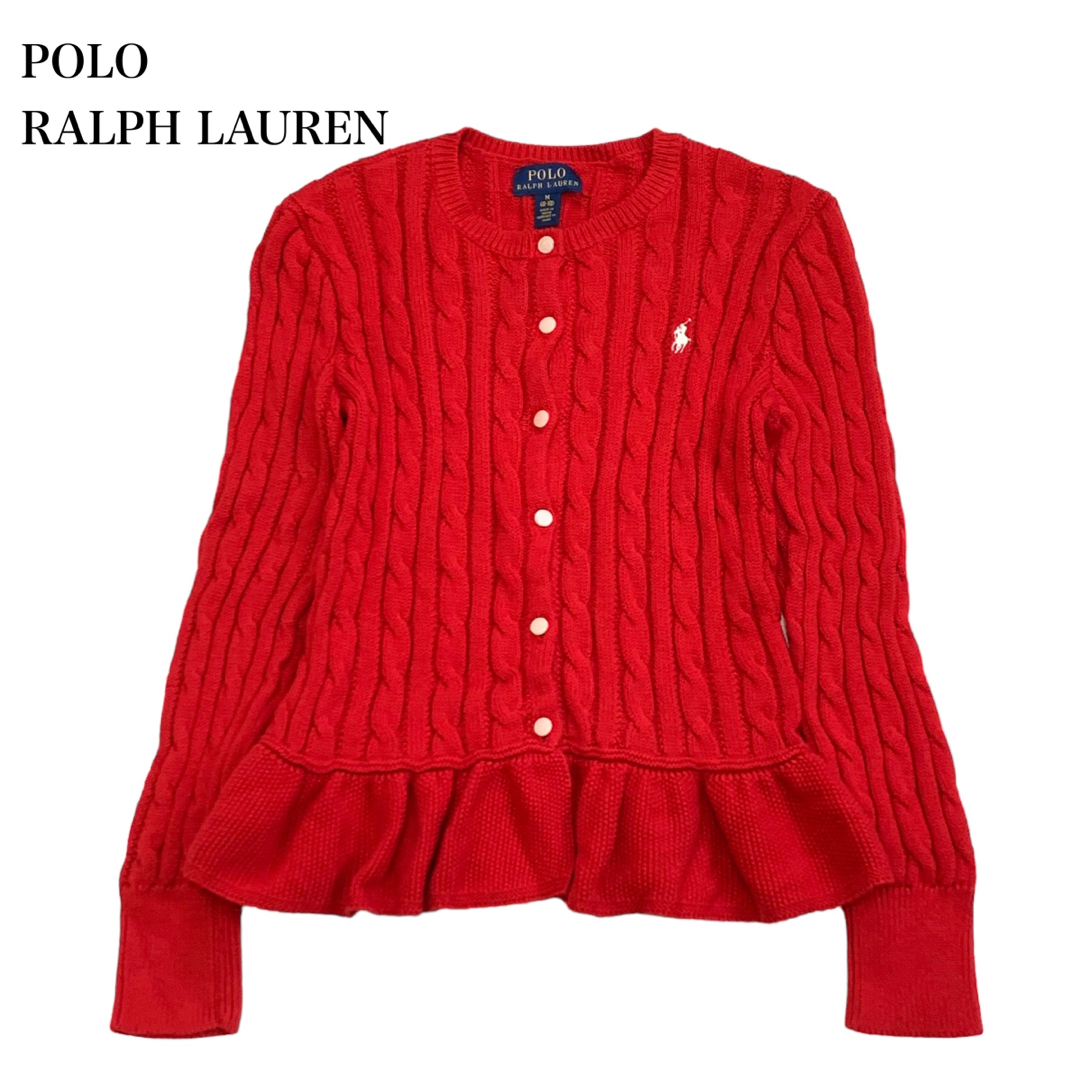 POLO RALPH LAUREN(ポロラルフローレン)の美品 ラルフローレン ペプラム カーディガン ニット セーター 赤 M 8-10 キッズ/ベビー/マタニティのキッズ服女の子用(90cm~)(ニット)の商品写真