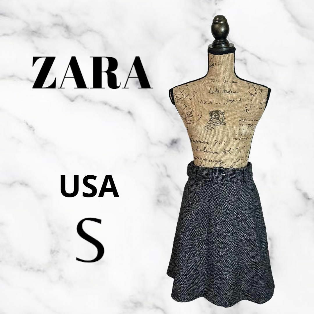 ZARA(ザラ)の新品✨【ZARA】￼ベルト付フレアスカート　上品　チェック　ダークグレー　S レディースのスカート(ひざ丈スカート)の商品写真