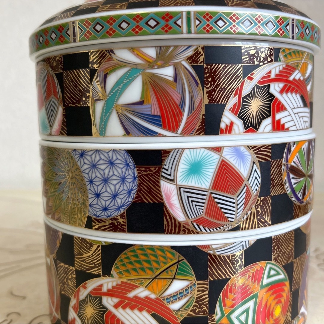 前畑陶器 庫山窯 色絵手まり 三段重 おせち器 お正月 蓋付き 古伊万里 重箱