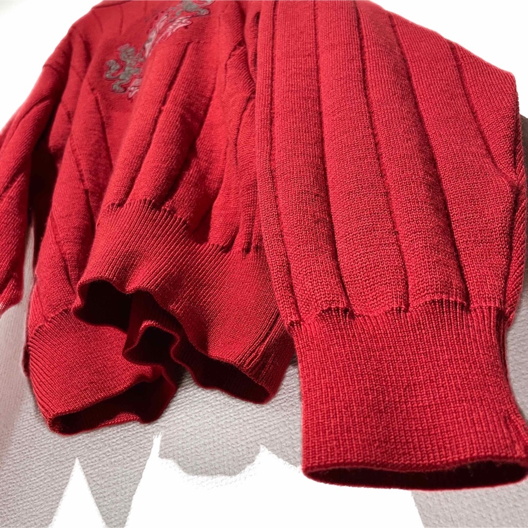 ウール 赤 レッド 英国 刺繍 モチーフ デザインニット 古着 ニット 個性的 メンズのトップス(ニット/セーター)の商品写真