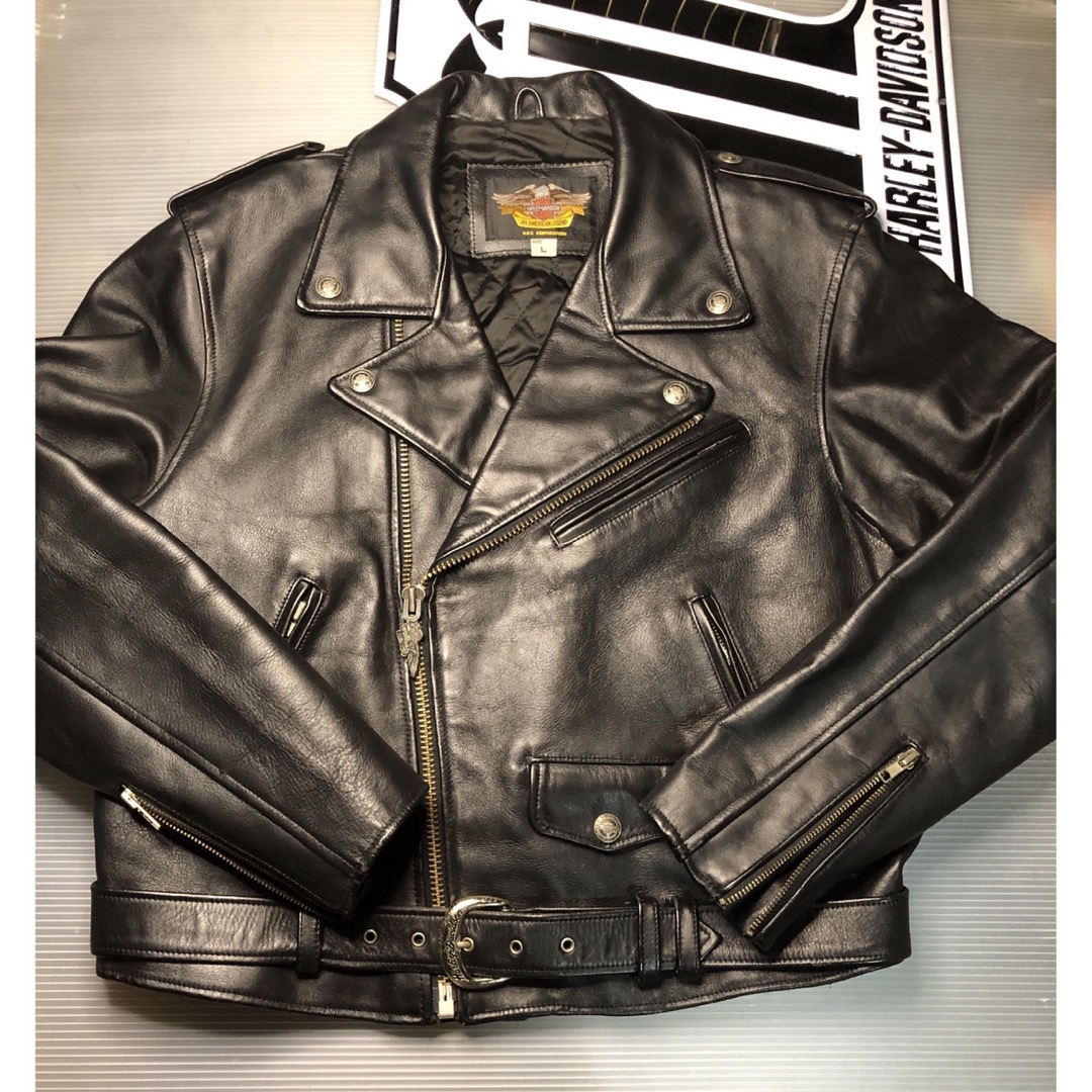 ザ黒革Wの革ジャン美品!】ハーレーダビッドソン 本革 ライダース
