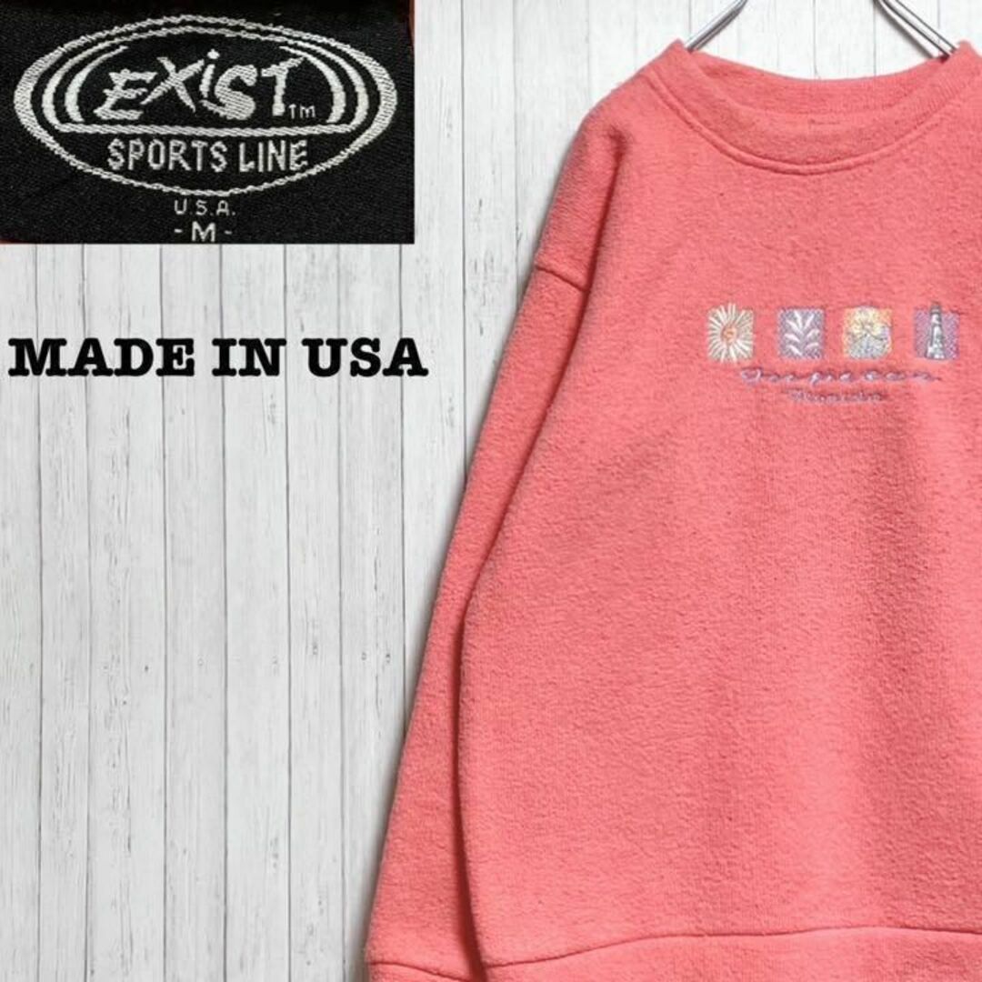USA製　タオル地　スウェット　トレーナー　刺繍　ピンク　裏起毛　女子　M
