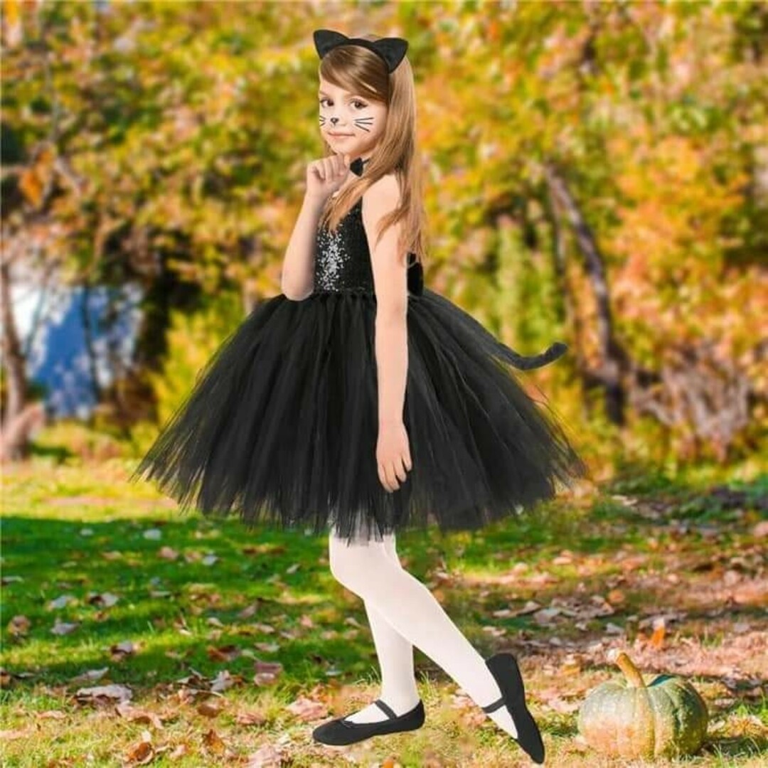 ハロウィン 黒猫 コスチューム 90 セットアップ コスプレ カチューシャ a キッズ/ベビー/マタニティのキッズ服女の子用(90cm~)(ワンピース)の商品写真