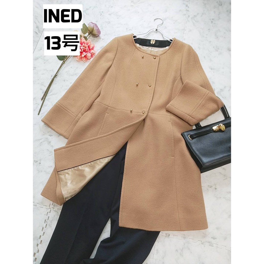 INED - INED イネド ノーカラー ロングコート 13号 大きいサイズ 日本