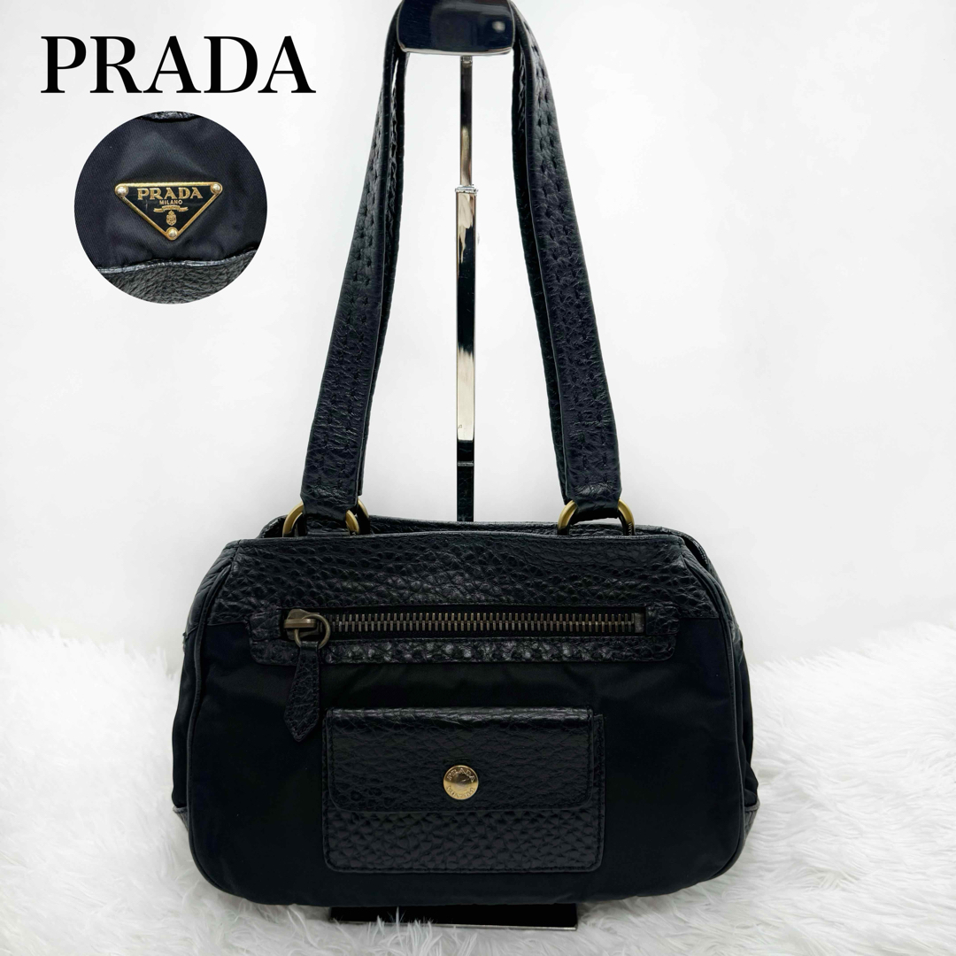 超美品✨PRADA プラダ ショルダーバッグ レザー ナイロン 三角ロゴ 肩がけ-