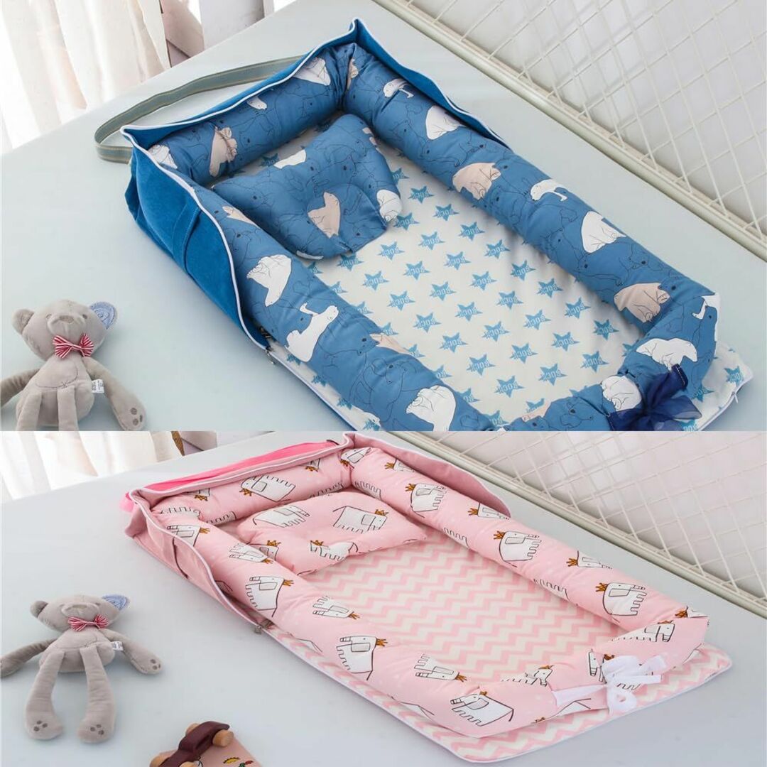 【色: ピンク-熊】Luddy ベビーベッド 新生児 枕付き ベッドインベッド