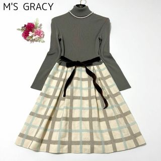 【美品】M'S GRACY サマーニットワンピース 白襟 パール 38 ネイビー