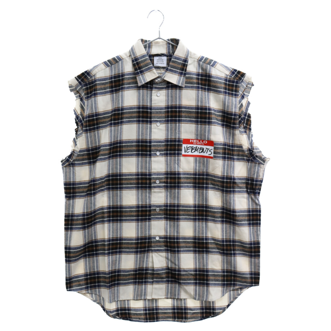 843センチ身幅VETEMENTS ヴェトモン MY NAME IS VETEMENTS SLEEVELESS FLANNEL SHIRT マイネームイズヴェトモン ノースリーブ チェック ネルシャツ ベージュ UE52SH280W