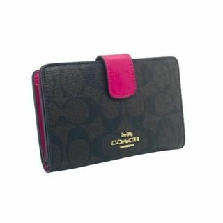 COACH - コーチ✨二つ折り財布 シグネチャー ダークブラウン/ピンク
