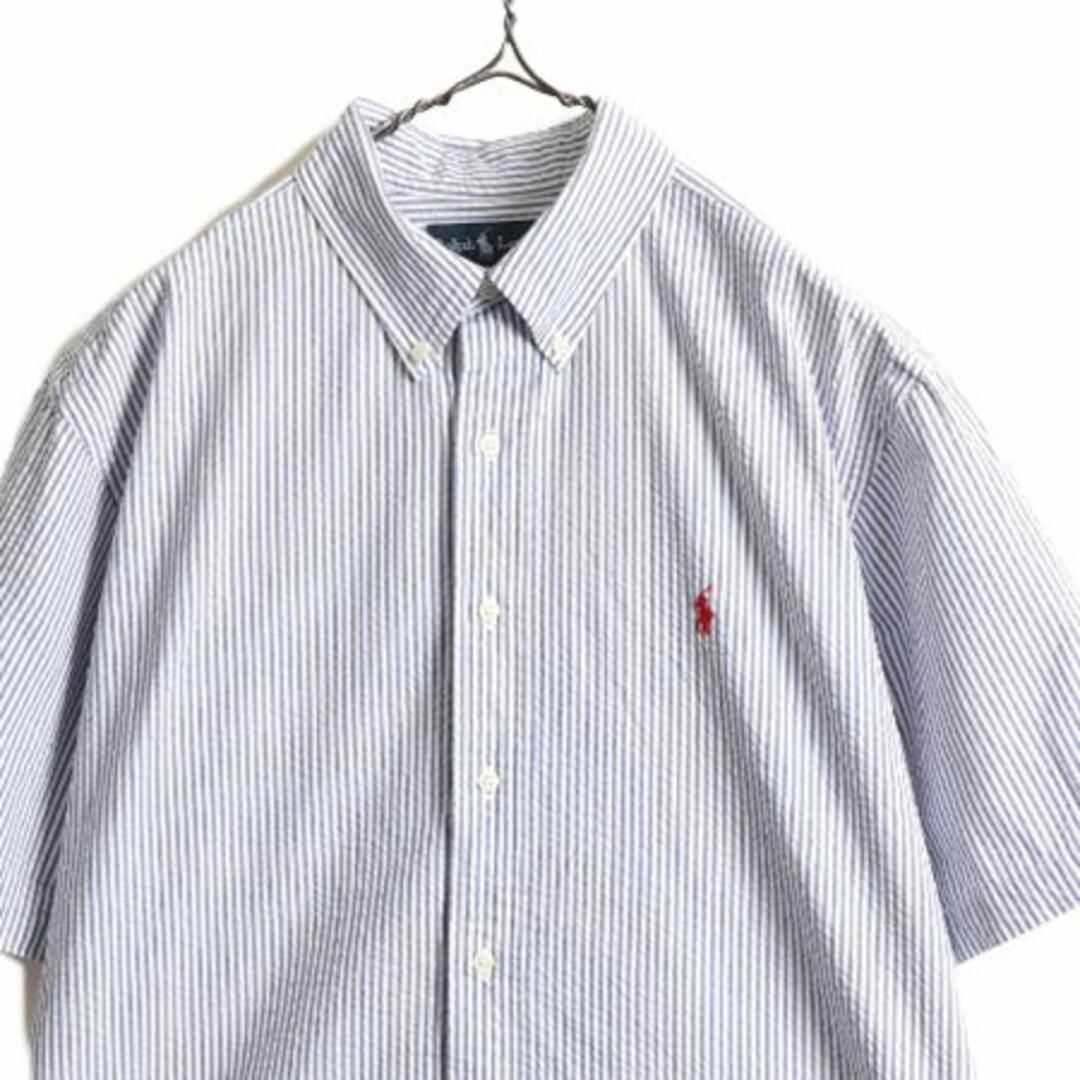 90s ラルフローレン　シアサッカー　ストライプ　ボタンダウンシャツ　半袖　XL