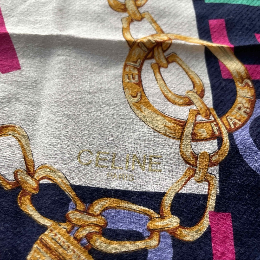CELINE セリーヌ 大判ハンカチ スカーフ ロゴ チェーン エッフェル塔