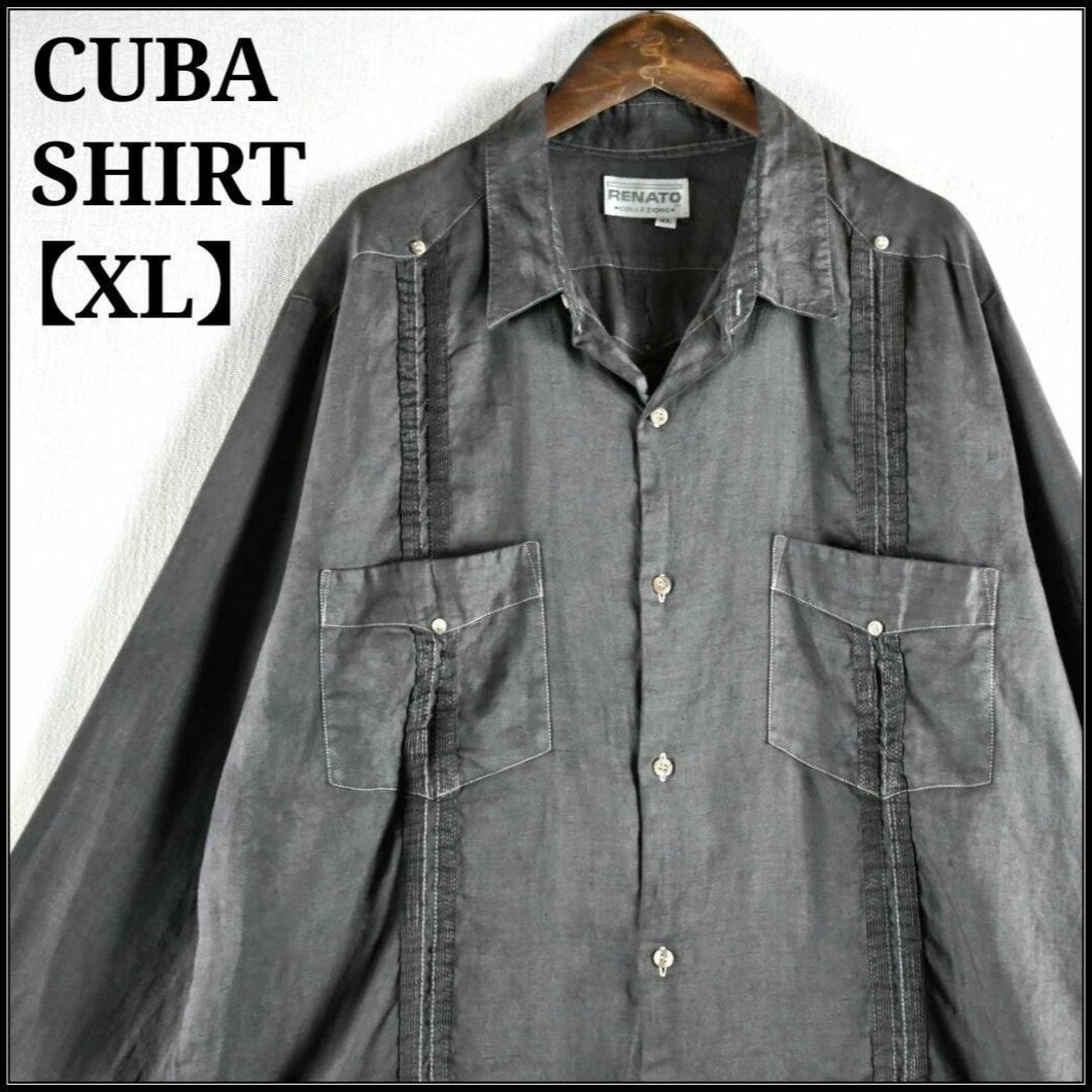 ★希少 キューバシャツ 四つポケット ビッグサイズ 開襟 長袖 染め色 墨黒