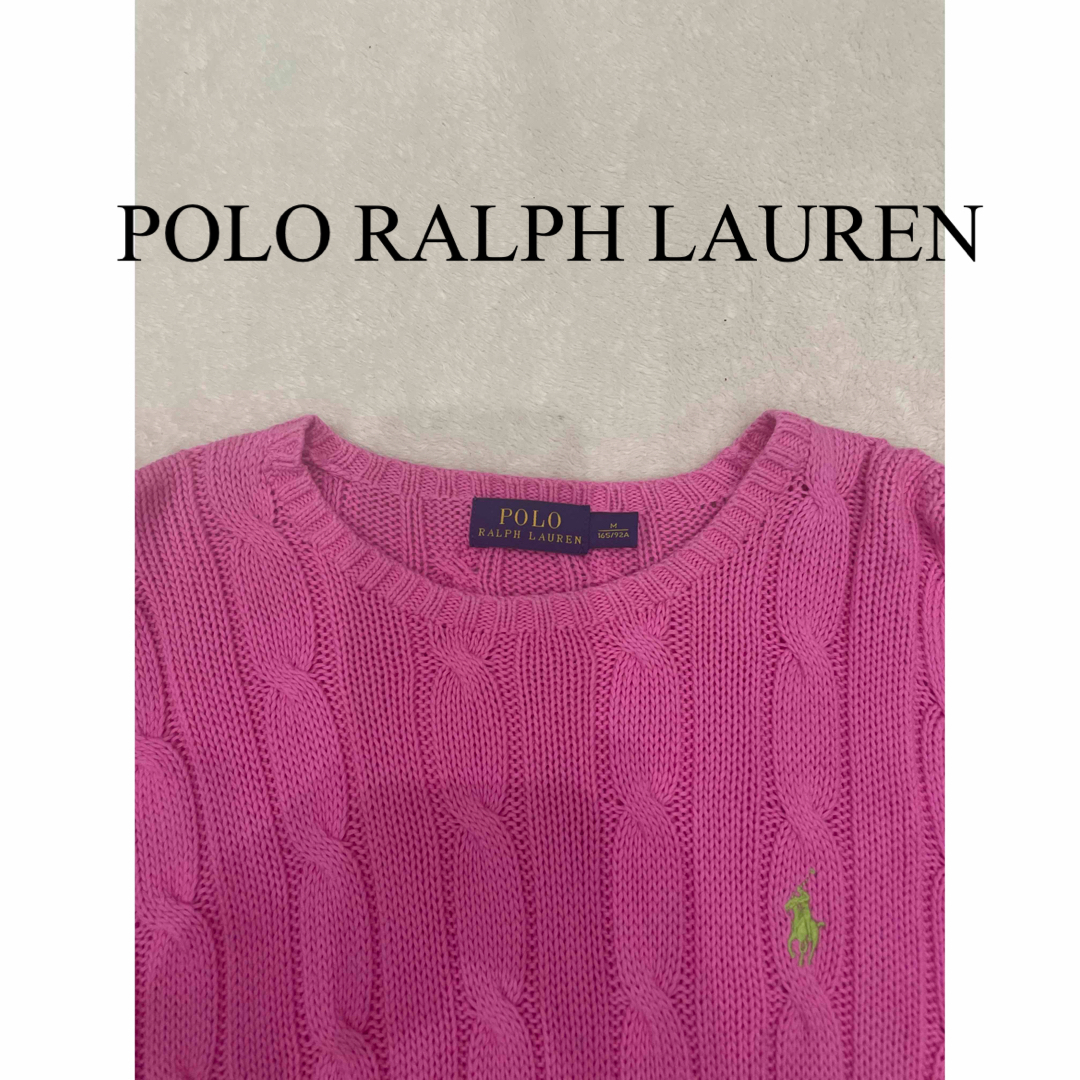 POLO RALPH LAUREN(ポロラルフローレン)のポロラルフローレン　クルーネックワンポイント刺繍ケーブルニットセーター　ピンク レディースのトップス(ニット/セーター)の商品写真