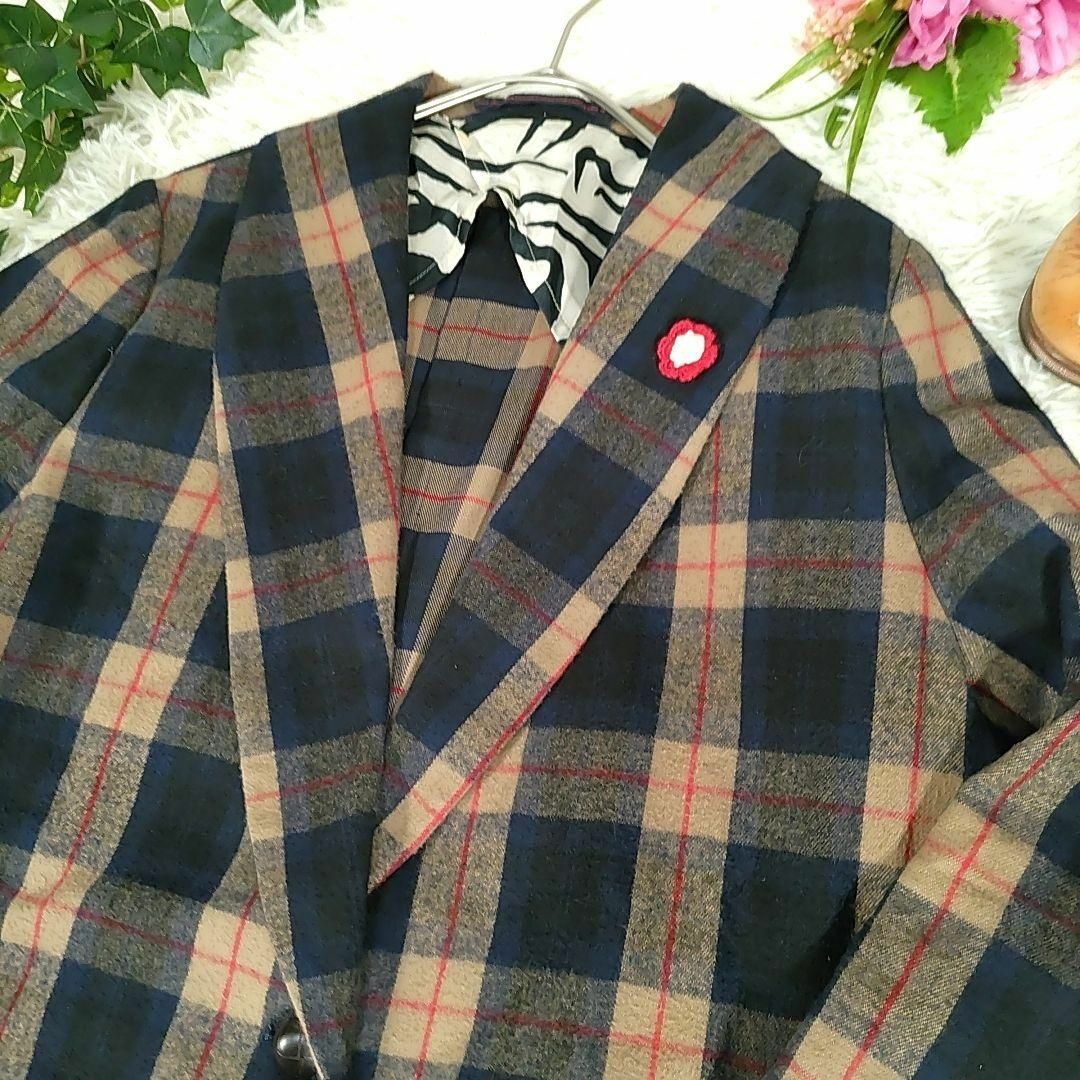 ダブスタ◎チェック ロングコート(M)チェスターコート 花モチーフ