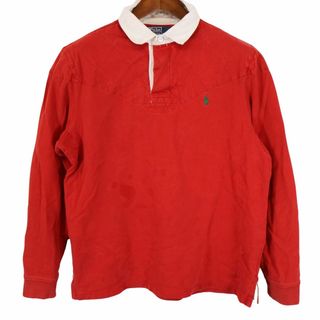 ポロラルフローレン(POLO RALPH LAUREN)の90年代 Polo by Ralph Lauren ポロバイラルフローレン ラガーシャツ 長袖ポロシャツ レッド (メンズ L) 中古 古着 O4964(ポロシャツ)