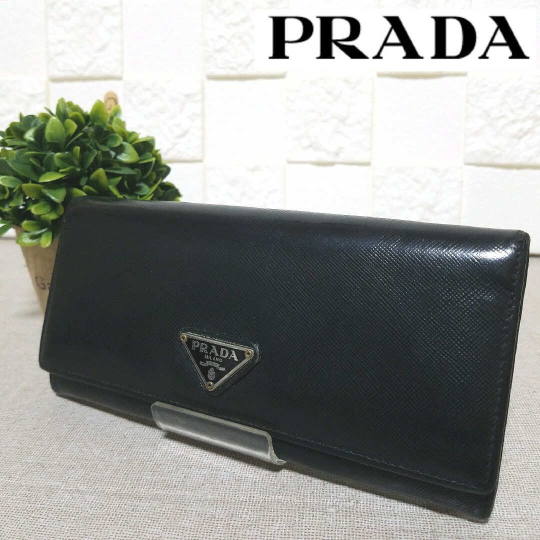 良品 PRADA プラダ サフィアーノレザー 二つ折り長財布 黒 M608A