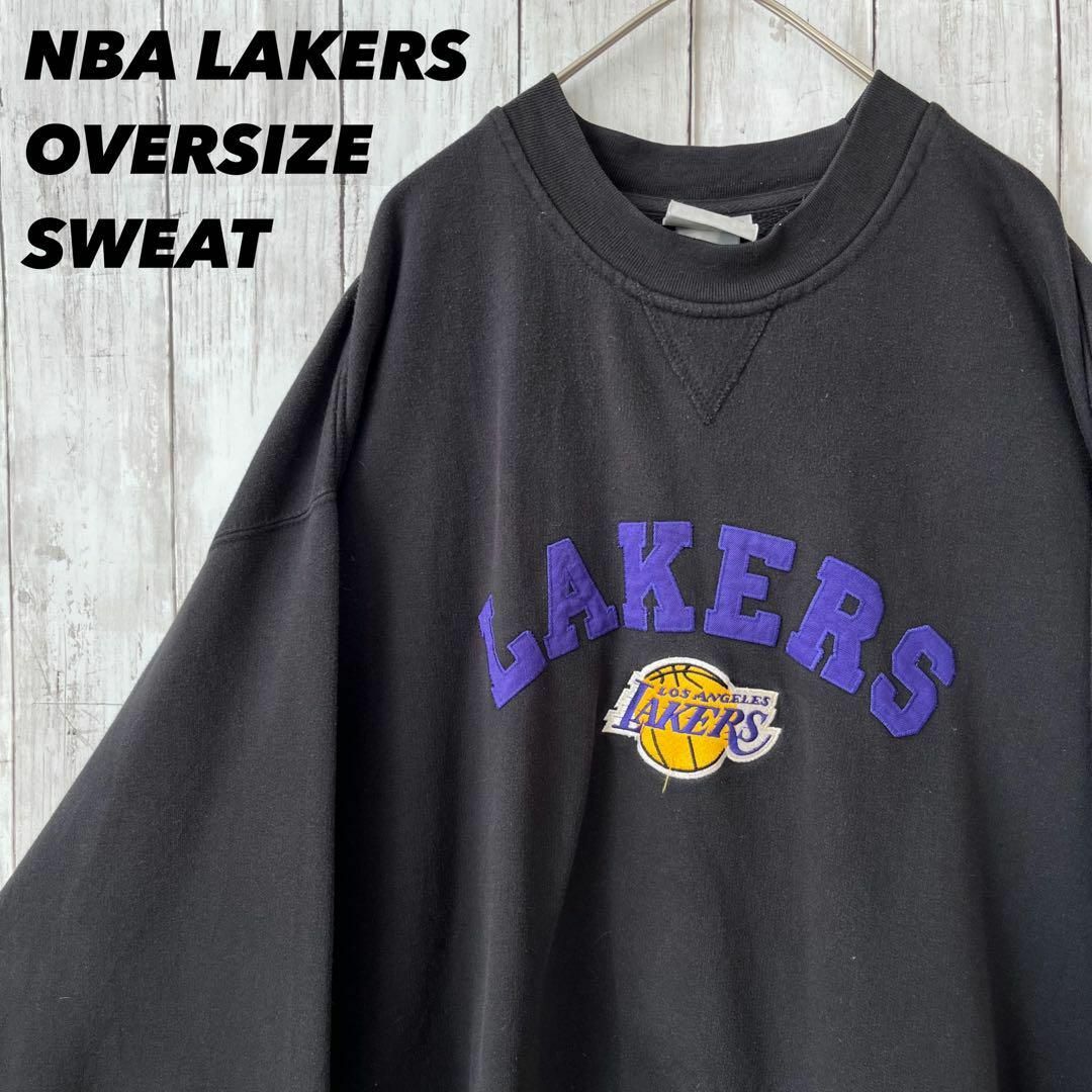 ヴィンテージ古着NBA LAKERSロサンゼルスレイカーズ刺繍ロゴスエット 黒-