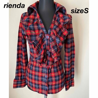 リエンダ(rienda)の【rienda】胸元フリルチェックシャツ【赤S】(シャツ/ブラウス(長袖/七分))