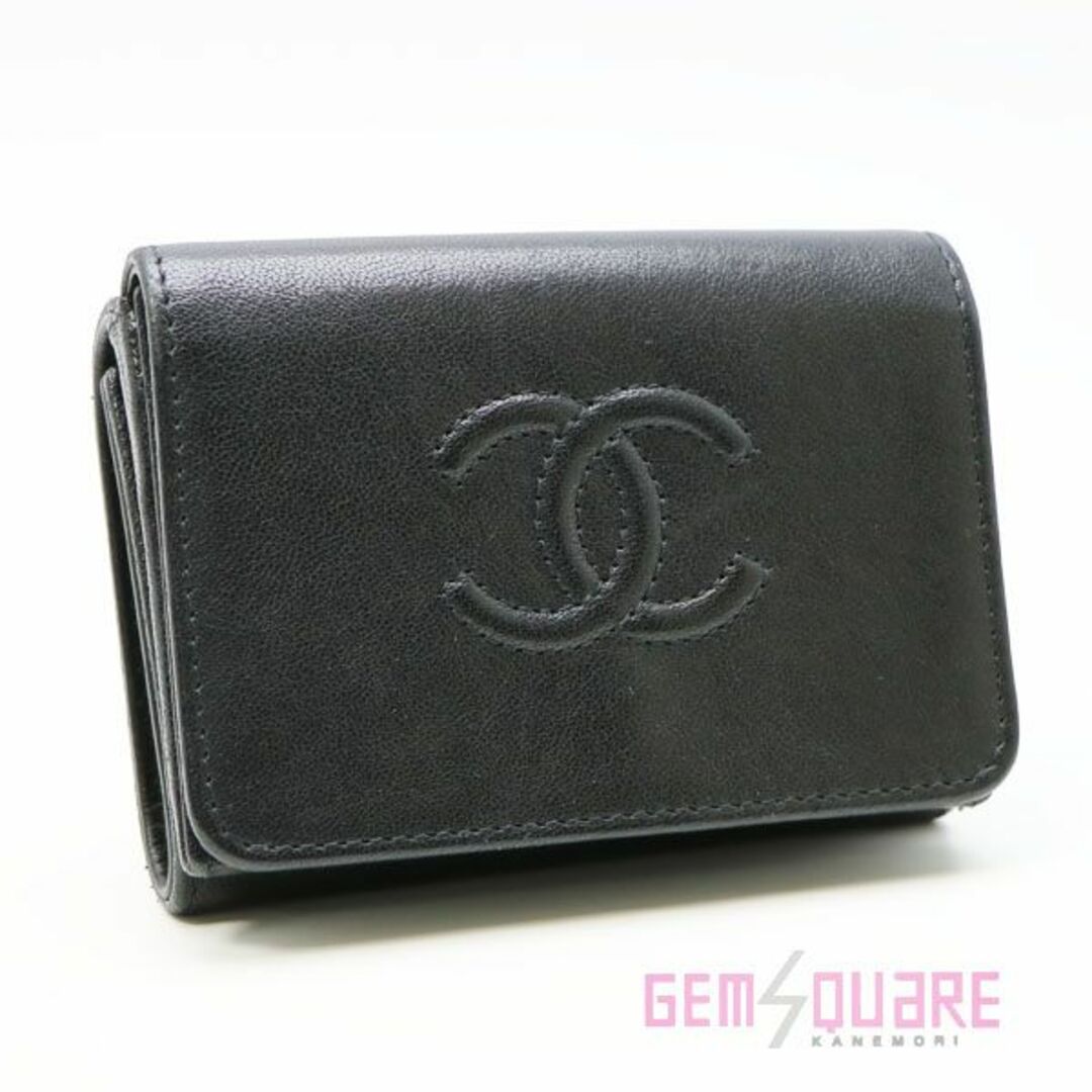 シャネル CHANEL 三つ折りコンパクト財布 黒カーフ  A70796