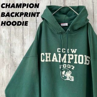 W40【Champion】プリントパーカー【メンズM】グリーン-