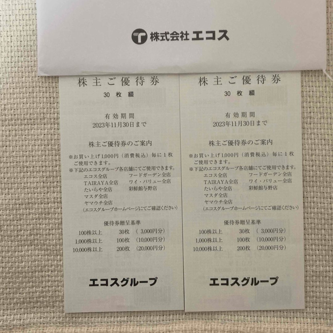 エコス 株主優待券 2冊 6000円分 チケットの優待券/割引券(ショッピング)の商品写真