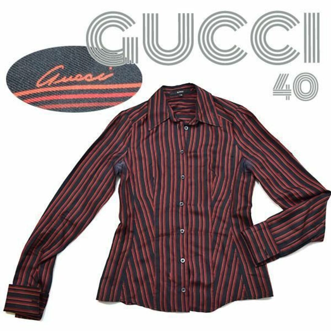 グッチ■筆記体ロゴグラム　シルク100％長袖シャツ　絹ブラウス　レディース40GUCCI