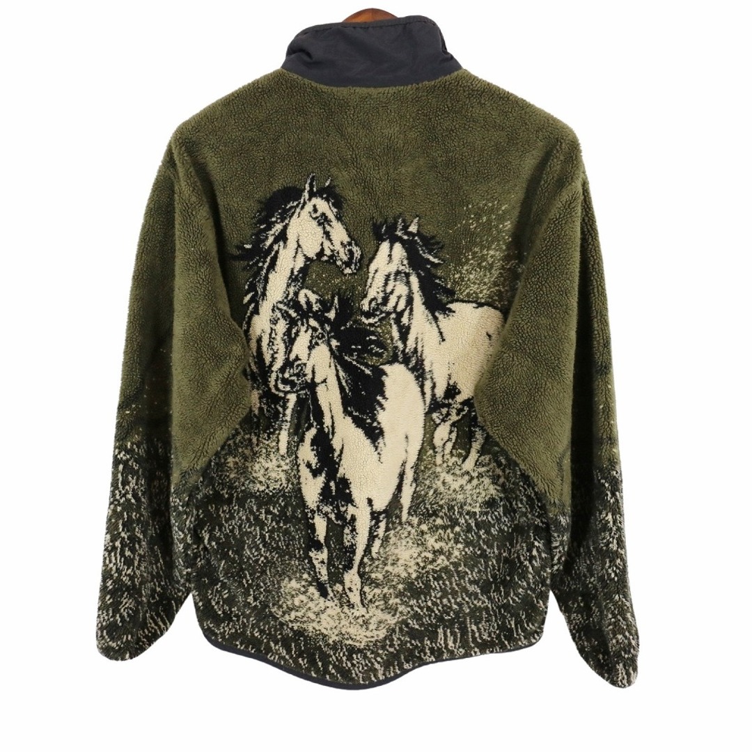 90年代 USA製 WOOLRICH ウールリッチ フリースジャケット アニマル 馬 総柄 カーキ (メンズ L) 中古 古着 O5186