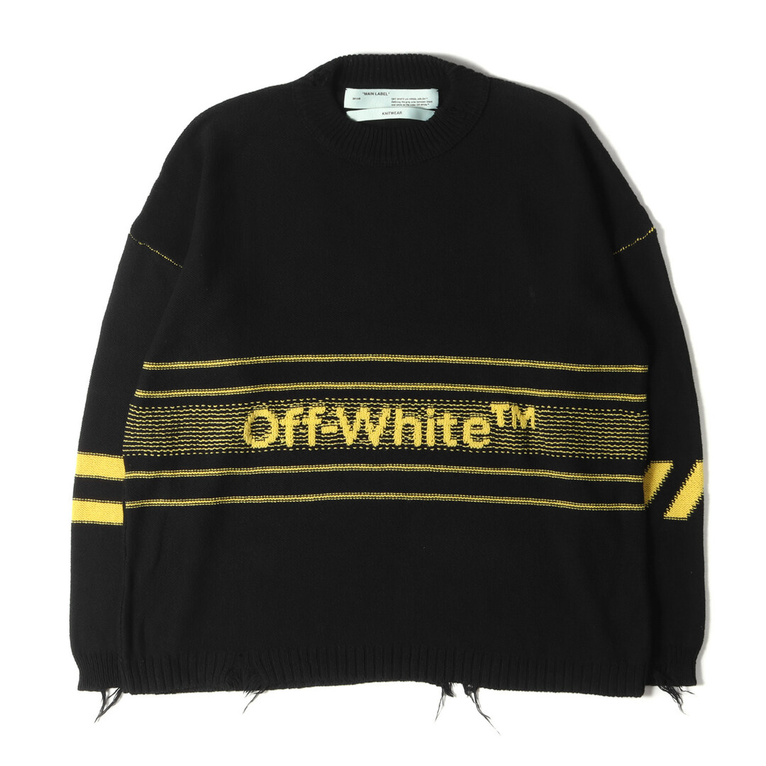 OFF-WHITE オフホワイト ニット サイズ:XL 19SS ダメージ加工 オーバーサイズ クルーネック コットン ニット セーター COTTON OW SWEATER ブラック イエロー イタリア製 トップス カジュアル 長袖【メンズ】【美品】