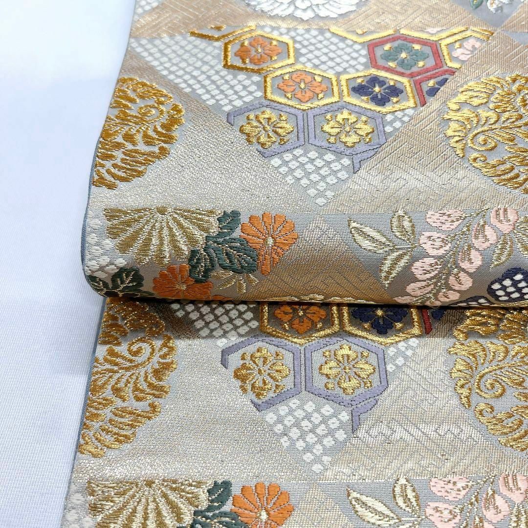 鱗文に花や亀甲紋、菱紋などが織られた袋帯 着物 金糸 フォーマル-
