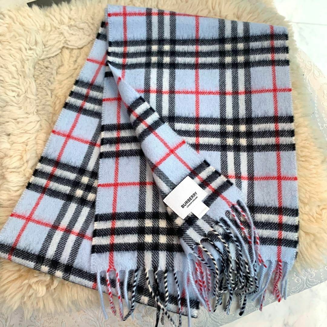 ☆未使用品☆BURBERRY カシミヤ100% チェック柄マフラー ライトブルー-