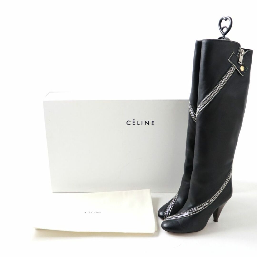 【ドンドン見直し】美品◎イタリア製 CELINE セリーヌ フィービー期 レディース ZIP付 レザーロングブーツ ブラック 黒 35 箱・保管袋 1