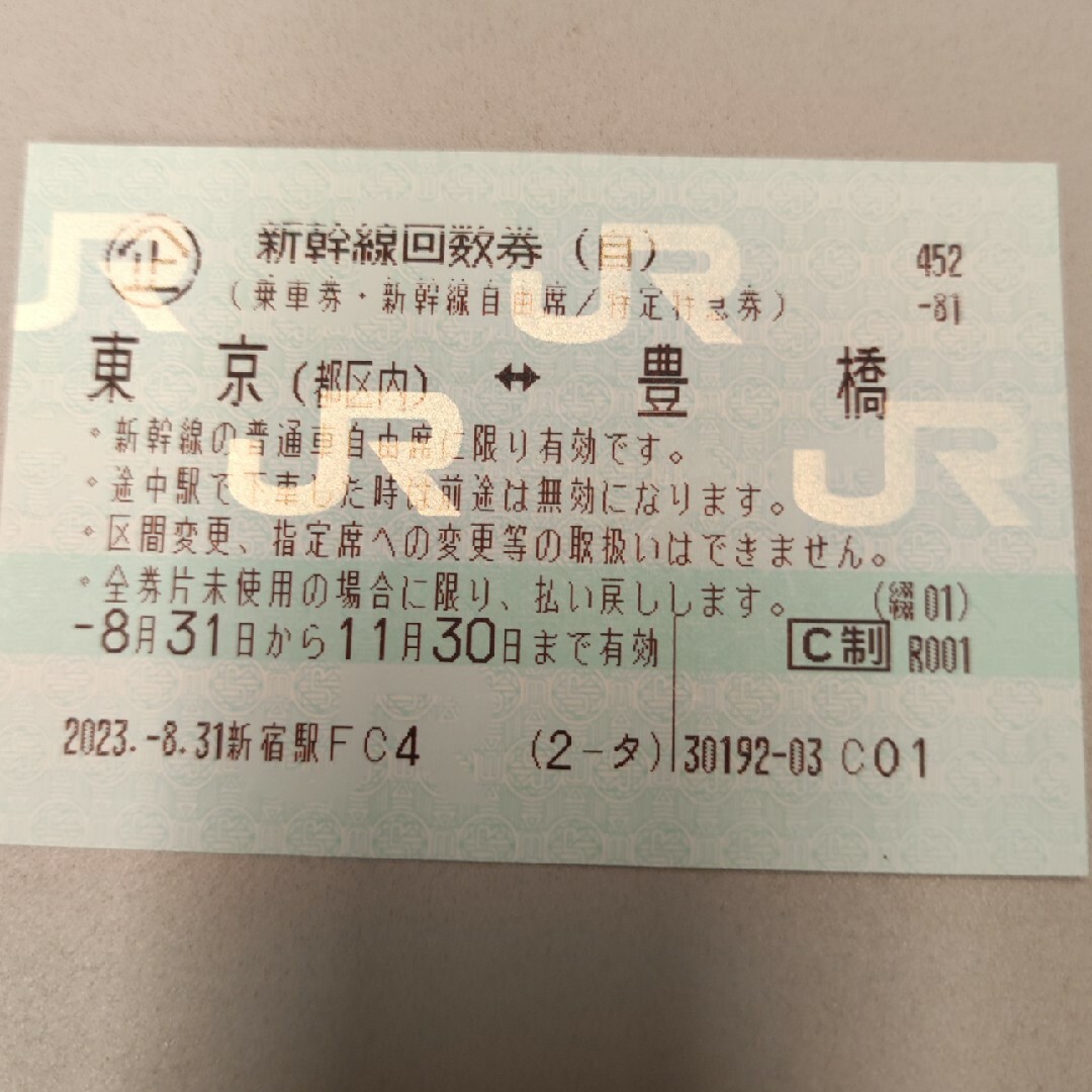 東京　豊橋　新幹線回数券（23年11月30日期限）