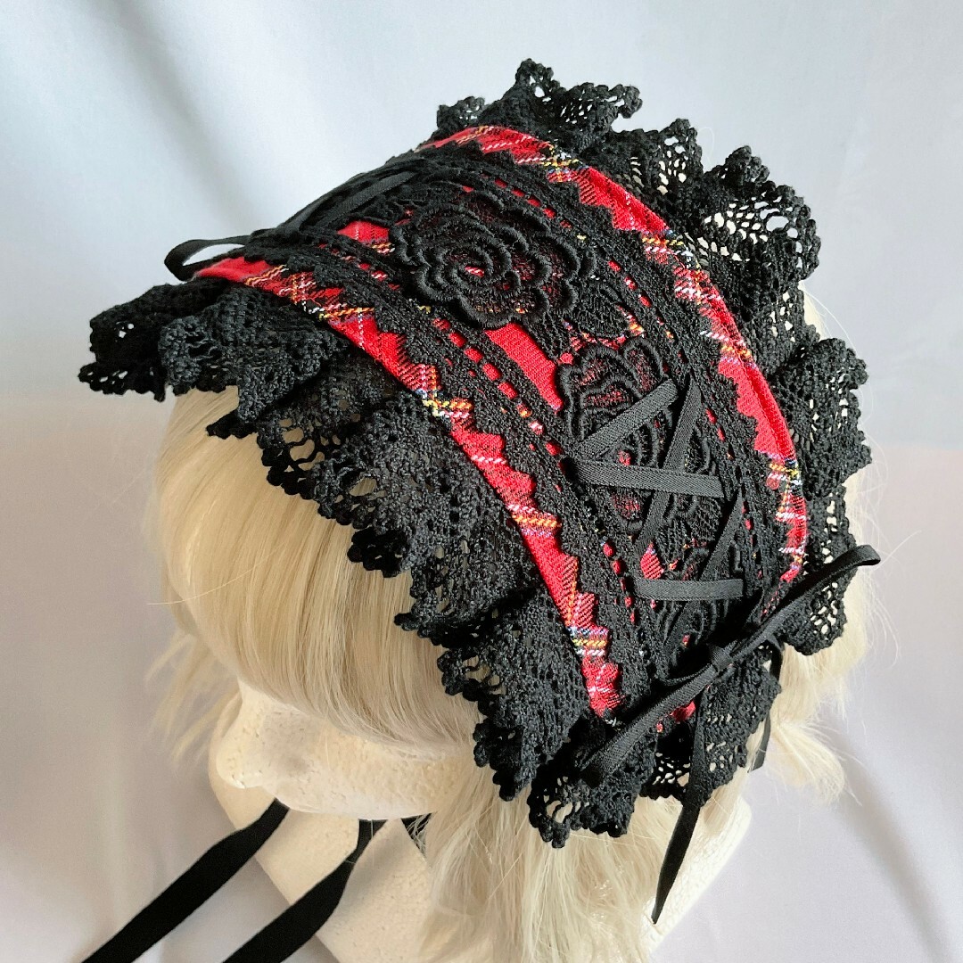 【まゆぅさま専用】タータンチェックのヘッドドレス&ミニネクタイ 赤×黒約15㎝あごリボン