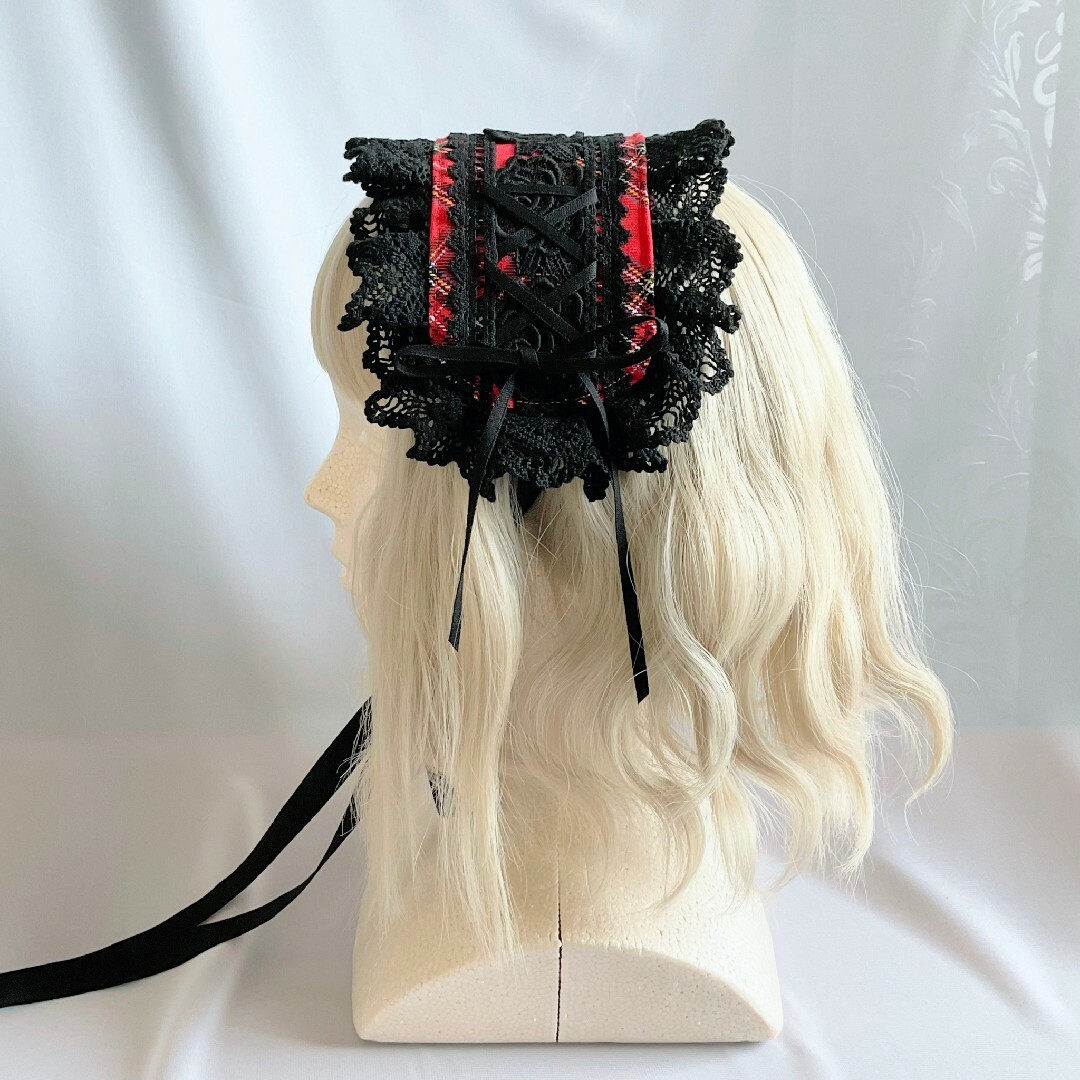 【まゆぅさま専用】タータンチェックのヘッドドレス&ミニネクタイ 赤×黒 ハンドメイドのアクセサリー(その他)の商品写真