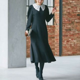 トッコクローゼット(TOCCO closet)の【新品】トッコ クローゼット 襟付きマーメイドラインニットソーワンピース 黒(ロングワンピース/マキシワンピース)