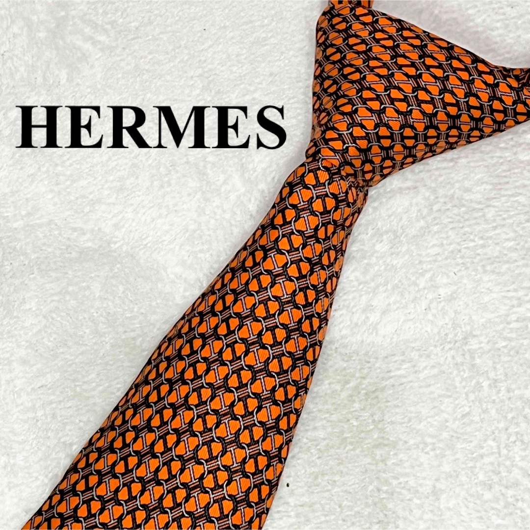 【高級】エルメス　チェーン柄　シルク100% オレンジ　HERMES