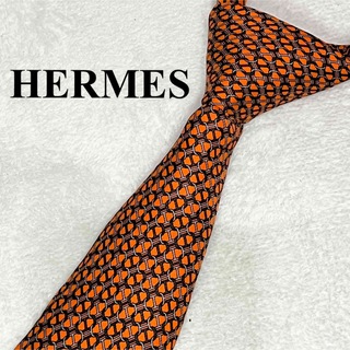 エルメス(Hermes)の【高級】エルメス　チェーン柄　シルク100% オレンジ　HERMES(ネクタイ)
