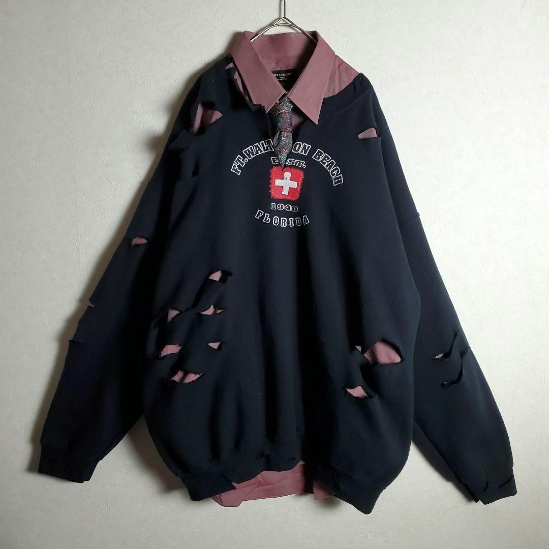 【ネクタイシャツ×ボロスウェット ブラック 黒赤 英字プリント 古着】