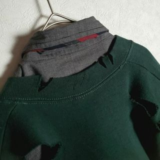 【ネクタイシャツ×ボロスウェット グリーン ブラック 黒緑 英字プリント 古着】